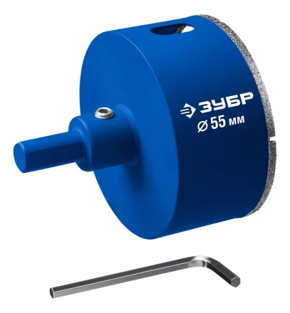 ЗУБР АГК d 55 мм (центр. сверло, трехгр. хвост, Р60), Алмазная коронка, Профессионал (29850-55) купить в Урае