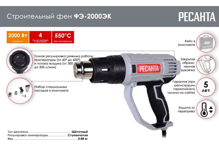 Строительный фен Ресанта ФЭ-2000ЭК 75/2/2 купить в Урае