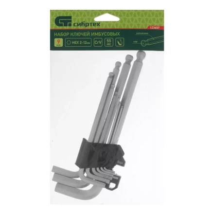 Набор ключей имбусовых Сибртех, HEX, 2-12 мм, CrV, 9 шт., удлиненные, с шаром, 123657 купить в Урае