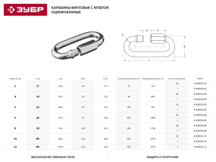 Карабин ЗУБР &quot;МАСТЕР&quot; винтовой с муфтой, оцинкованный, 5мм, 35 шт 4-304535-05 купить в Урае