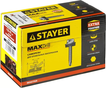 Саморезы СКД кровельные, RAL 3003 рубиново-красный, 51 х 4.8 мм, 250 шт, для деревянной обрешетки, STAYER 30305-48-051-3003 купить в Урае