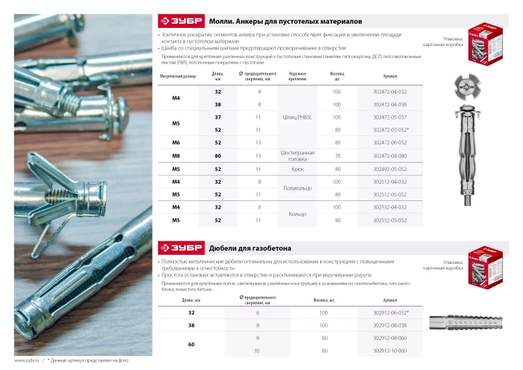 ЗУБР МОЛЛИ, М8 х 80 х 13 мм, 35 шт, анкер для пустотелых конструкций (302472-08-080) купить в Урае