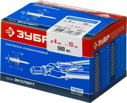 Заклепки ЗУБР алюминиевые, 4,0x10мм, 500шт 31305-40-10 купить в Урае