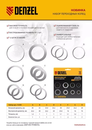 Кольца переходные 32х30, 30х25,4, 25,4х22.2, 22.2х20, 20х16, 30х22.2, 25.4х16, 22.2х16 мм. Denzel 73399 купить в Урае