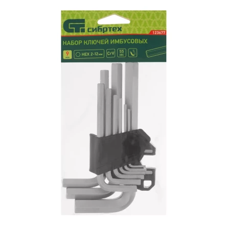 Набор ключей имбусовых, HEX, 2-12 мм, CrV, 9 шт. Сибртех 123677 купить в Урае