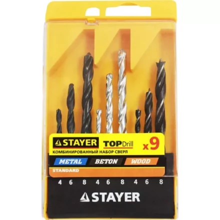 Набор STAYER &quot;STANDARD&quot;: Сверла комбинированные, дерево (4-6-8мм), металл (4-6-8мм), бетон (4-6-8мм), 9 предметов 29720-H9 купить в Урае