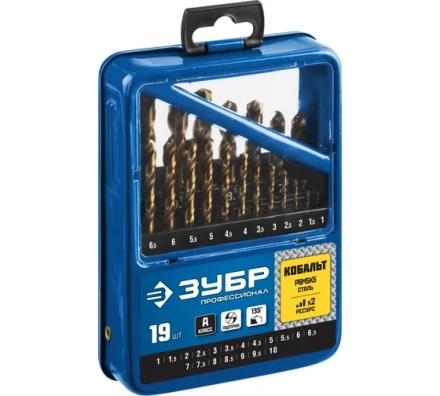 ЗУБР Кобальт, 19 шт, (1-10 мм), сталь Р6М5К5, класс А, мет.бокс, набор сверл по металлу, Профессионал (29626-H19) купить в Урае