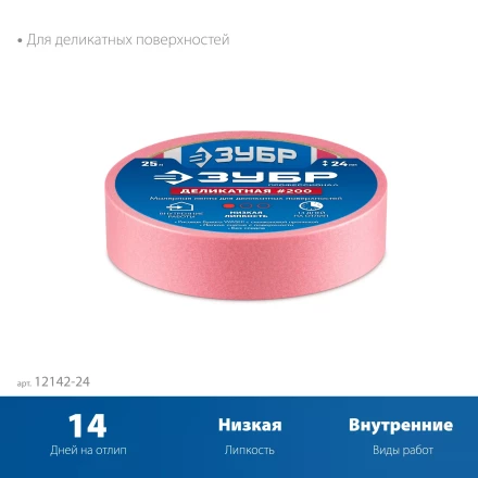 ЗУБР №200 24 мм х 25 м, для деликатных и недавно окрашенных поверхностей, малярная лента, Профессионал (12142-24) купить в Урае