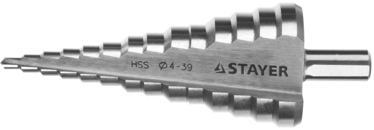 Сверло STAYER "MASTER" ступенчатое по сталям и цвет.мет., сталь HSS, d=4- 39мм,14ступ.d4-39,L -113 мм, трехгран.хв. 10мм 29660-4-39-14 купить в Урае