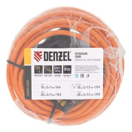 Удлинитель-шнур силовой Denzel Garden Series, б/з, ПВС, 10м, 1 розетка, 2 x 1,5 мм, 3 м 37403 купить в Урае