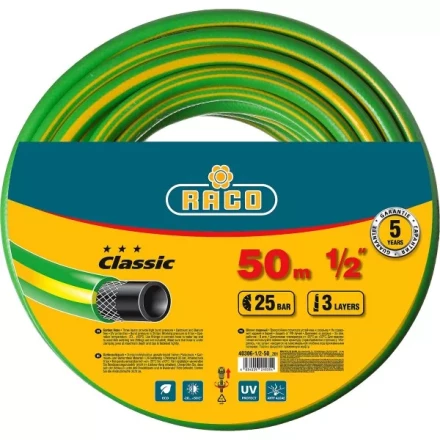 Шланг RACO CLASSIC поливочный, 25атм., армированный, 3-х слойный, 1/2&quot;х50м 40306-1/2-50_z01 купить в Урае
