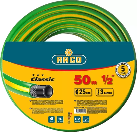 Шланг RACO CLASSIC поливочный, 25атм., армированный, 3-х слойный, 1/2&quot;х50м 40306-1/2-50_z01 купить в Урае