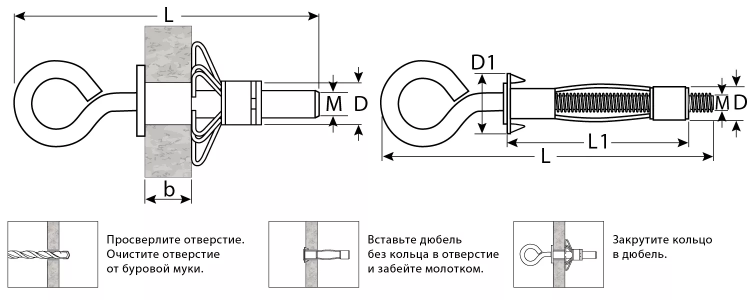 ЗУБР МОЛЛИ, М4 х 32 х 8 мм, 100 шт, анкер с кольцом для пустотелых конструкций (302532-04-032) купить в Урае