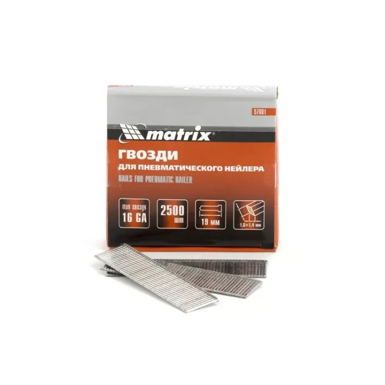 Гвозди 16GA для пневм. нейлера сечение 1,6х1,4 длина 19 мм 2500 шт MATRIX 57601 купить в Урае
