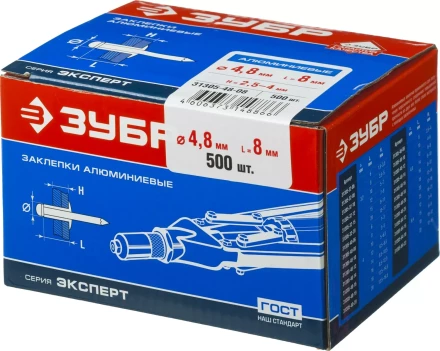 Заклепки ЗУБР алюминиевые, 4,8x 8мм, 500шт 31305-48-08 купить в Урае