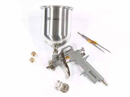 Пневматический краскопульт с верхним бачком V=1,0 л + сопла диаметром 1.2, 1.5 и 1.8 мм  MATRIX 57315 купить в Урае