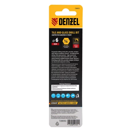 Сверло по керамической плитке 6 мм Denzel, крестовая пластина, шестигранный хвостовик, 728053 купить в Урае