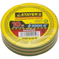 Изолента, STAYER Master 12291-S-15-10, ПВХ, 5000 В, 15мм х 10м, желто-зеленая 12291-S-15-10