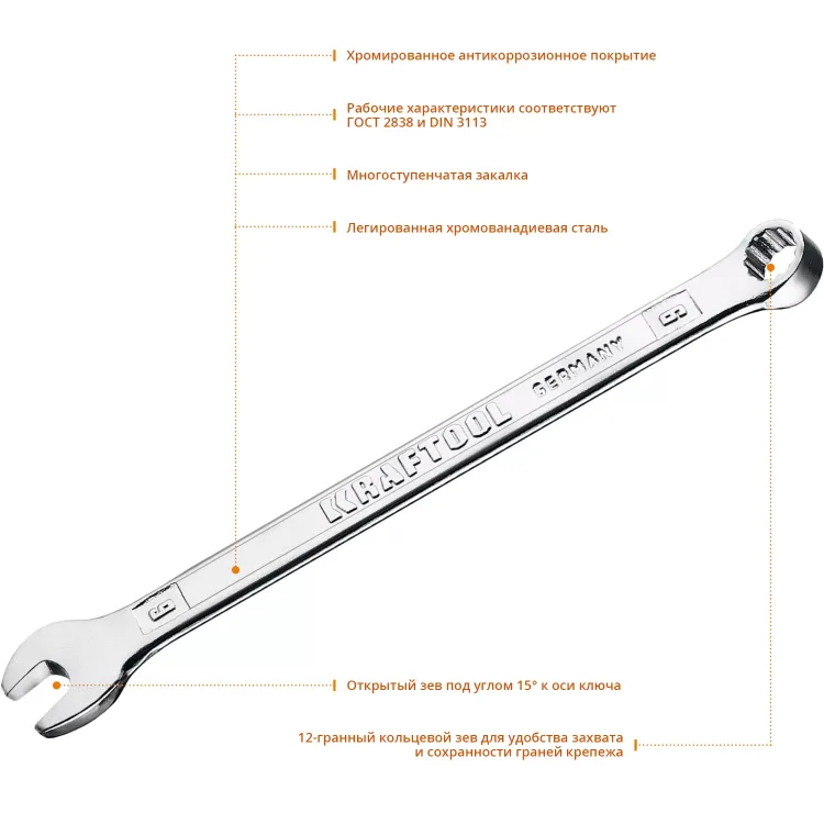 Ключи комбинированные KRAFTOOL, Cr-V, DIN 3113 27079-06 купить в Урае