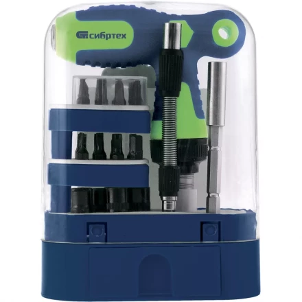 Отвертка Т-образная реверсивная с набором бит торцевых головок 33 предмета CrV Сибртех артикул 13382 купить в Урае