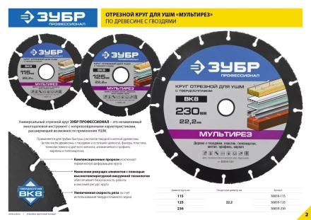 Отрезной круг &quot;МУЛЬТИРЕЗ-ВК8&quot; для УШМ, 230х22,2мм, ЗУБР 36859-230 купить в Урае