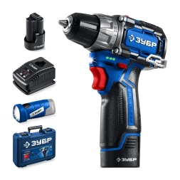 ЗУБР КОМПАКТ #4, набор: дрель-шуруповерт + LED фонарь, BRUSHLESS, 12 В, 45 Н·м, 2 АКБ тип Т7 (2 А·ч), кейс, Профессионал (DB-121-22F)