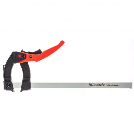 Струбцина реечная быстрозажимная пластиковый корпус рычажно-храповой механизм 300 х 90 х 390 мм штанга 5 х 20 мм Matrix 20738 купить в Урае