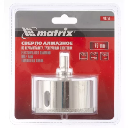 Сверло алмазное по керамограниту 75 х 67 мм 3-гранный хвостовик MATRIX 726753 купить в Урае