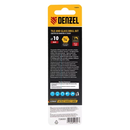 Сверло по керамической плитке Denzel 10 мм, крестовая пластина, шестигранный хвостовик, 728093 купить в Урае