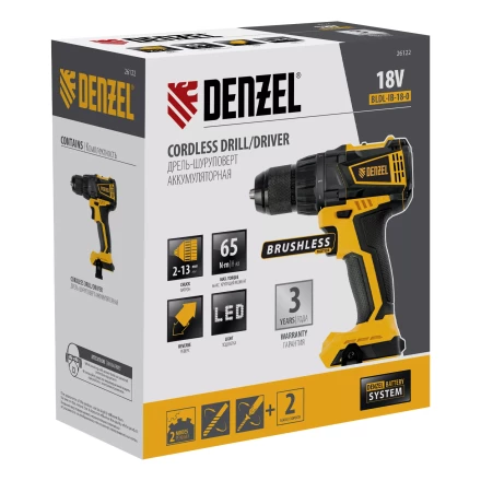 Дрель-шуруповерт аккумуляторная, бесщет. Denzel BLDL-IB-18-0, Li-Ion, 18 В 26122 купить в Урае