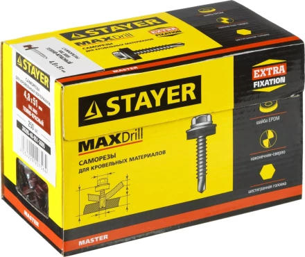 Саморезы СКД кровельные, RAL 3005 темно-красный, 51 х 4.8 мм, 250 шт, для деревянной обрешетки, STAYER 30305-48-051-3005 купить в Урае