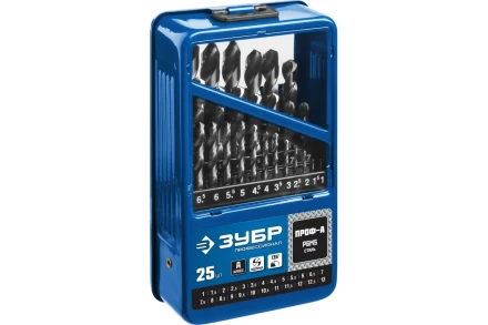 ЗУБР ПРОФ-А, 25 шт, (1-13 мм), сталь Р6М5, класс А, мет.бокс, набор сверл по металлу, Профессионал (29625-H25) купить в Урае
