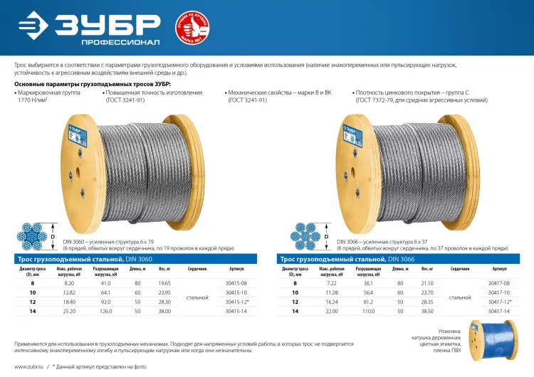 ЗУБР DIN 3060, свивка 6 х 19 + IWR, 8 мм, L 80 м, грузоподъемный стальной трос, Профессионал (30415-08) купить в Урае