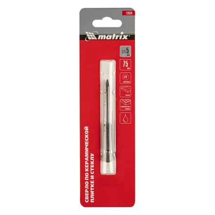 Сверло по керамической плитке и стеклу, 5 мм, шестигранный хвостовик Matrix 72834 купить в Урае