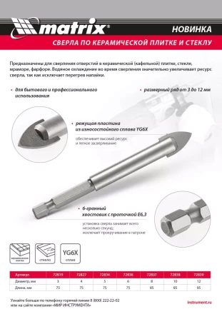 Сверло по керамической плитке и стеклу, 5 мм, шестигранный хвостовик Matrix 72834 купить в Урае