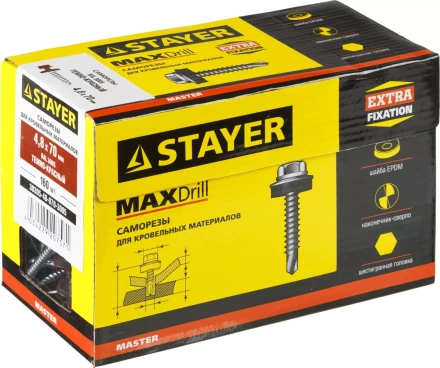 Саморезы СКД кровельные, RAL 3005 темно-красный, 70 х 4.8 мм, 160 шт, для деревянной обрешетки, STAYER 30305-48-070-3005 купить в Урае