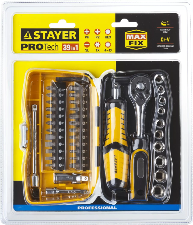 Набор STAYER "PROFESSIONAL": Биты и торцовые головки с трещеткой и воротком, 39 предметов 25135-H39 купить в Урае
