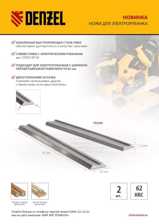 Ножи для эл. рубанка Denzel 782400, Р6М5, 82мм, 2шт купить в Урае