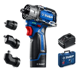 ЗУБР КОМБИ #2, 12 В, 45 Н·м, 1 АКБ тип Т7 (2 А·ч), модульная дрель-шуруповерт, BRUSHLESS, кейс, Профессионал (DB-125-21)