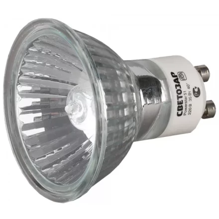 Лампа галогенная СВЕТОЗАР с защитным стеклом, алюм. отражатель, цоколь GU10, диаметр 51мм, 50Вт, 220В SV-44825 купить в Урае