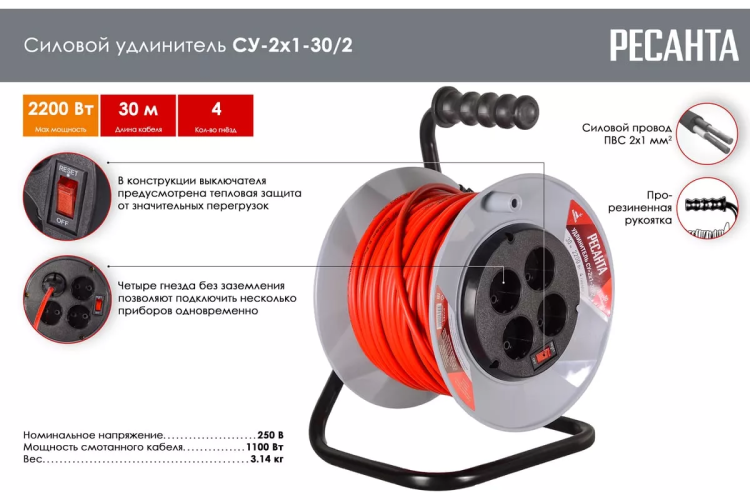 Удлинитель силовой на катушке Ресанта СУ-2х1-30/2 (с выкл., 4 розетки) 61/118/4 купить в Урае