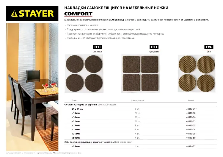Накладки STAYER "COMFORT" на мебельные ножки, самоклеящиеся, фетровые, коричневые, круглые - диаметр 10 мм, 32 шт 40910-10 купить в Урае