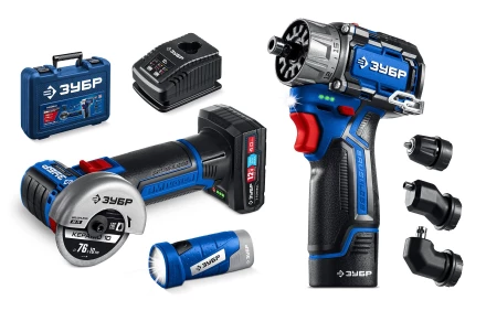 ЗУБР КОМБИ #5 набор: дрель-шуруповерт + мини УШМ + LED фонарь, BRUSHLESS, 12 В, 45 Н·м, 2 АКБ тип Т7 (4 и 2 А·ч), кейс, Профессионал (DB-125-42ABF) купить в Урае