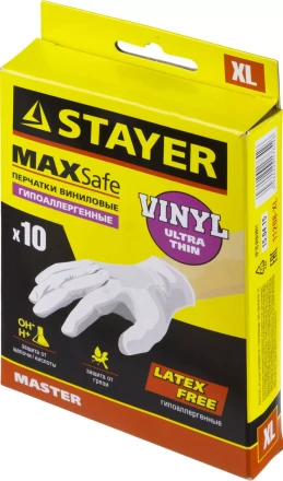 Перчатки STAYER &quot;MASTER&quot; виниловые экстратонкие, XL, 10шт 11208-XL купить в Урае