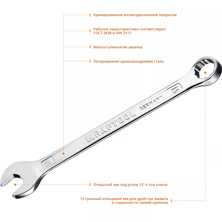Ключи комбинированные KRAFTOOL, Cr-V, DIN 3113 27079-14 купить в Урае
