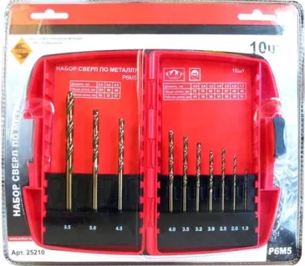 Набор сверл д/мет.Р6М5  10шт.(1-10мм) 6/6/36 25210 купить в Урае