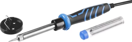 Паяльник ЗУБР &quot;ПРОФЕССИОНАЛ&quot; с двухкомпонентной рукояткой и защитным колпачком в наборе с припоем и подставкой, 60Вт, конус 55402-60_z01 купить в Урае