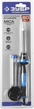 Паяльник ЗУБР &quot;ПРОФЕССИОНАЛ&quot; с двухкомпонентной рукояткой и защитным колпачком в наборе с припоем и подставкой, 60Вт, конус 55402-60_z01 купить в Урае