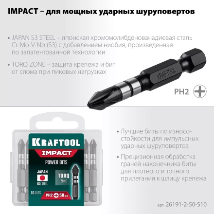 Биты для ударных шуруповертов KRAFTOOL Impact Pro PH 26191-2-50-S10 купить в Урае