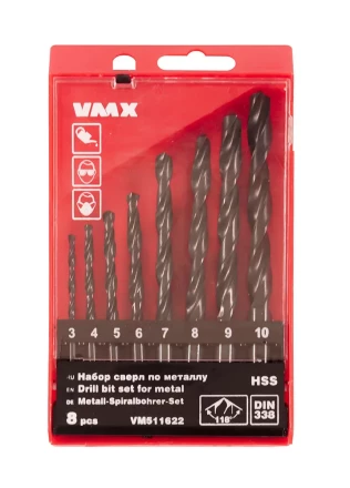 Набор сверл для металла HSS Ф3-10 мм 8 штук пластиковый футляр VMX 511622 купить в Урае
